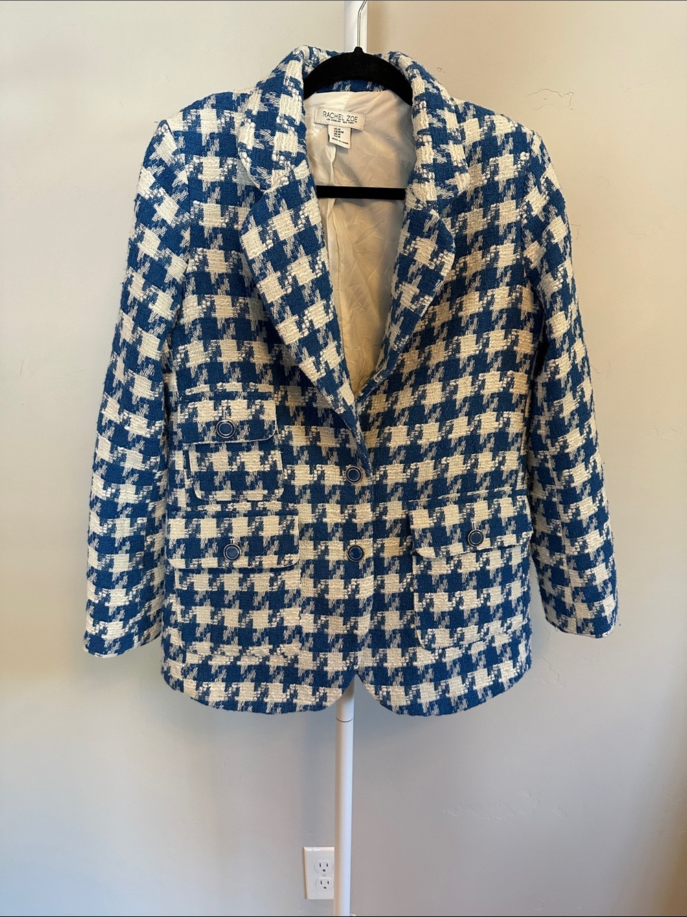 Rachel Zoe Blue & White Houndstooth Bouclé Blazer Jacket